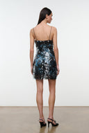 Back view of blue sequin mini dress with thin straps and short skirt