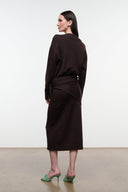 Dark oak knit sweater dress, back view with draped waist tie, long sleeves