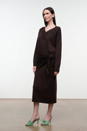 Dark oak knit sweater dress with V-neck and long sleeves, side view, waist tie