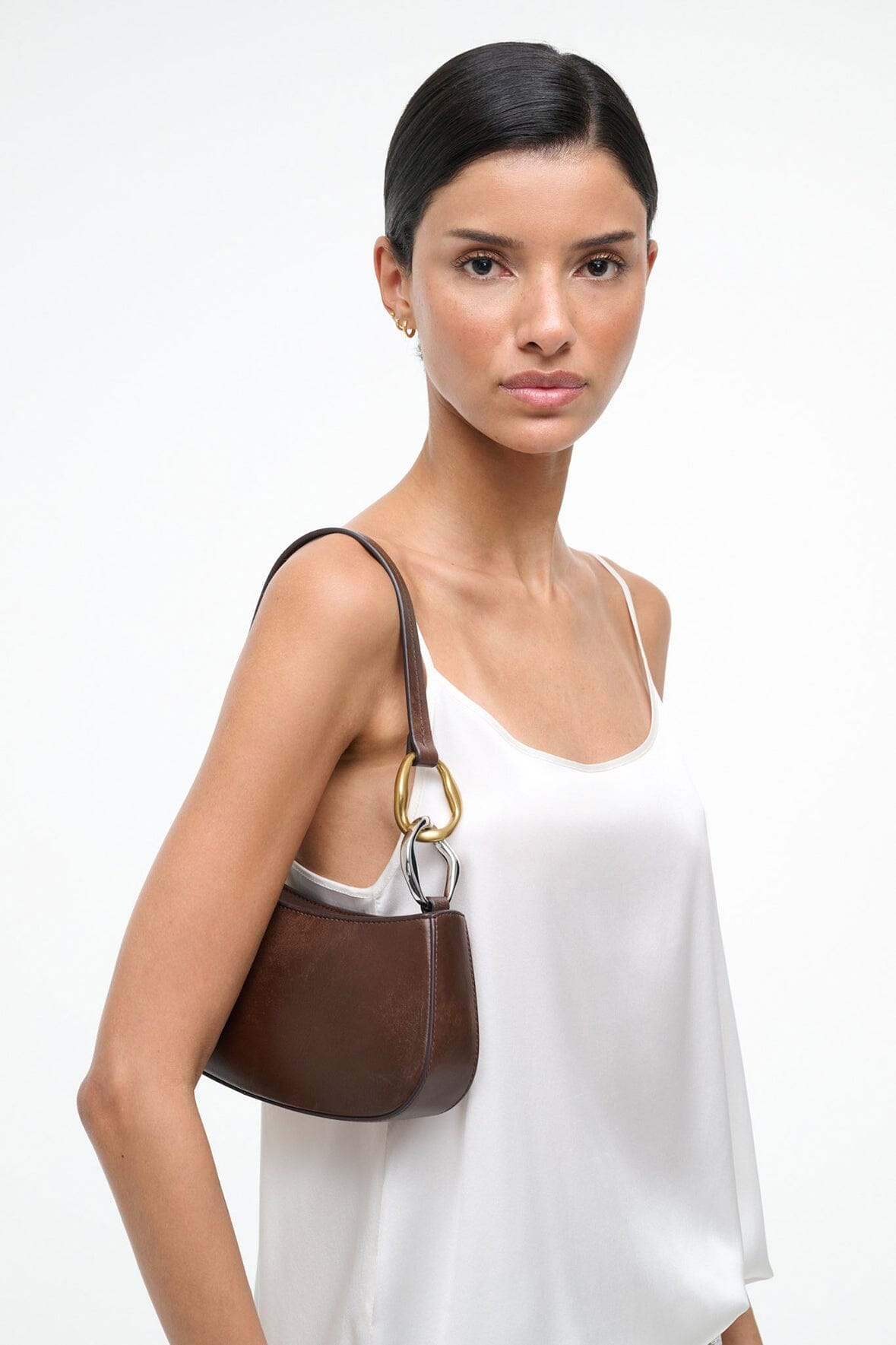Ollie Bag Espresso Leather Metallic Shoulder Bag | STAUD