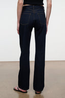 Indigo straight jeans with back pockets, yoke seam, and contrast topstitching