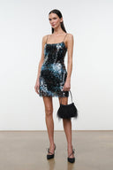 Blue sequin mini dress with spaghetti straps and feather trim at hem