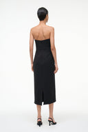 Brooke dress dark back view, strapless midi sheath with center back slit