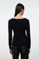 Black cashmere sweater back view with long sleeves and ribbed hem