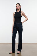 Straight-leg indigo jeans with front slash pockets and button-closure waistband