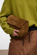Cigar brown suede shoulder bag with flap, silver clasp, ruched side details