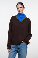 Brown knit sweater with cowl neck and blue-green trim