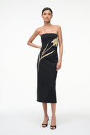 Brooke dress in dark color with gold floral embroidery, strapless midi sheath