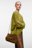 Cigar brown suede convertible bag with long strap, flap with silver clasp