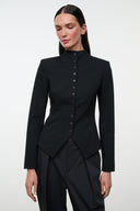 Black jacket with high neck, row of buttons, and pointed peplum-hem design