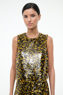 Sleeveless sequin top with round neck, yellow-and-black abstract pattern
