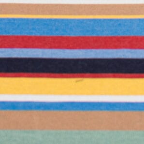 Striped market umbrella canopy with blue, red, and tan horizontal bands