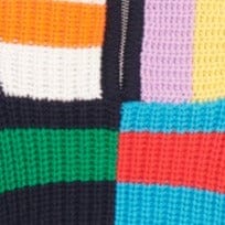 Cropped knit sweater with multicolor striped yoke and navy trim