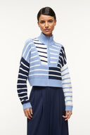 Cropped mock-neck striped knit sweater in light blue and navy with front zipper