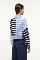 Cropped mock-neck striped knit sweater, back view, light blue and navy