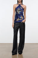 Silk halter top with blue and gold tapestry print and ruched back tie