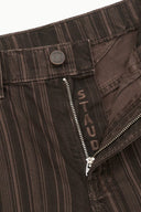Dark espresso-striped jeans close-up: zip fly and metal button detail