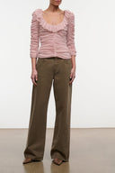 Relaxed olive jeans with wide straight legs, belt loops, and front slash pockets