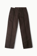 Dark brown pinstripe jeans with relaxed straight leg and elastic waistband