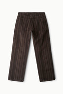 Dark brown pinstripe jeans with straight fit and elastic waistband at top