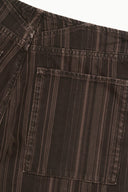 Dark brown pinstripe jeans with stitched waistband and rectangular back pocket