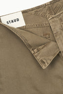 Greige jeans waistband with STAUD label and front pocket