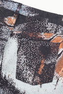 Abstract-print jeans pocket and waistband seam, black/white speckled with orange accents