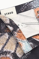 Abstract-print jeans with STAUD waistband label, button front and dark interior