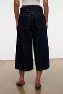 Indigo denim culotte jeans, mid-calf wide leg with back pockets and belt loops