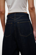 Indigo denim culotte jeans with front patch pockets and contrast stitch lines