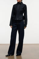 Indigo wide-leg jeans with belt loops and button fly with front pockets