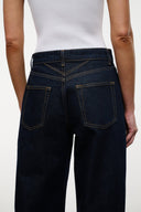 Indigo wide-leg jeans with stitched seams and two front patch pockets