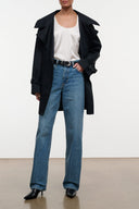High-rise blue denim jeans with wide leg, belt loops, archive crease detailing