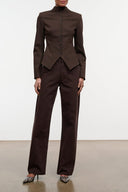Dark brown high-rise straight jeans with button fly and front patch pockets