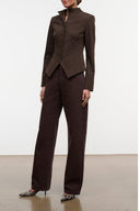 Dark brown high-rise straight jeans with button fly and wide leg