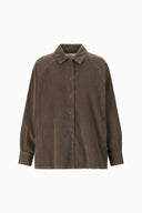 Brown corduroy shirt jacket with button front and pointed collar