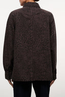 Myles shirt jacket back view, dark brown leopard print with center back seam