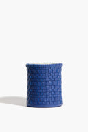 Henry Blue woven leather candle, cylindrical with braided lattice wrap