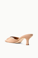 Cashew leather mule with open toe and stacked mid heel, side view