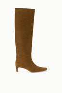 Cigar brown suede knee-high boot with low heel and pointed toe