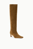 Cigar brown suede knee-high boot with side profile and slim heel