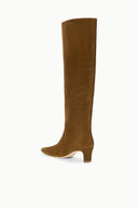 Cigar brown suede knee-high boot with stacked heel and rounded-toe front