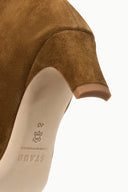Inside view of cigar brown suede boot with cushioned insole and arch support
