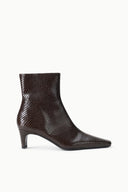 Espresso brown snake-textured ankle boot with mid block heel and pointed toe