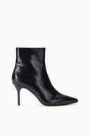 Black snake-print ankle boot with pointed toe and slim stiletto heel
