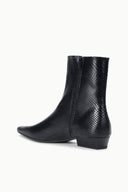 Black snake-embossed flat ankle boot with side zipper and low block heel