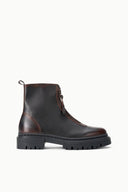 Espresso distressed zip ankle boot with rugged lug sole and brown stitching