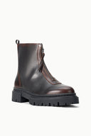 Dark espresso zip ankle boot, side zipper detail, rugged tread sole