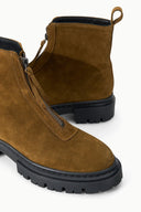 Cigar-brown suede ankle boots close-up with side zipper and thick black lug sole
