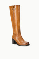 Cashew brown tall boot with top buckle strap and block heel